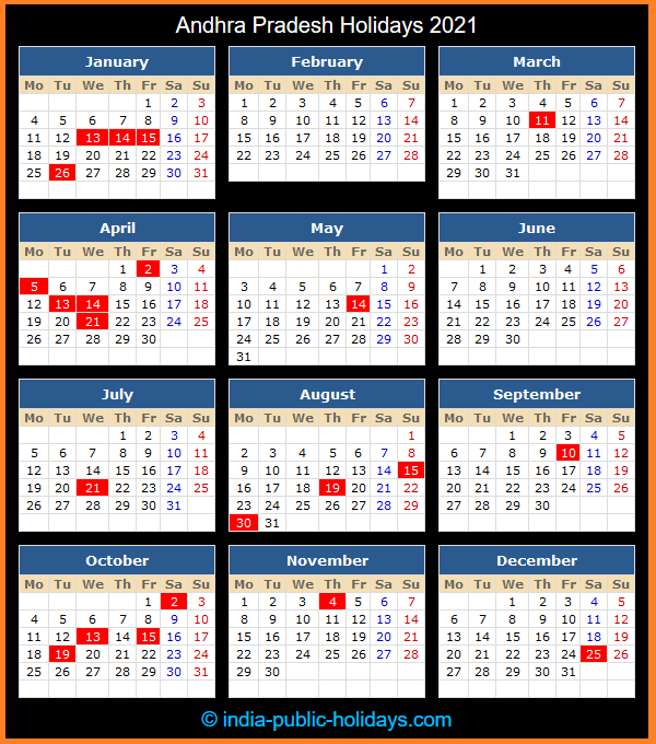 Andhra Pradesh Holiday Calendar 2021